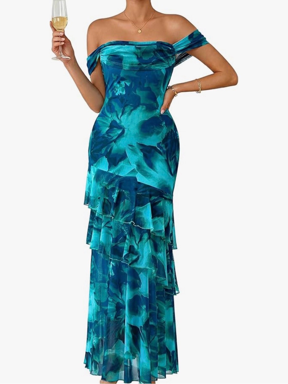 Off-Shoulder Teal Floral Ruffled Maxi Dress